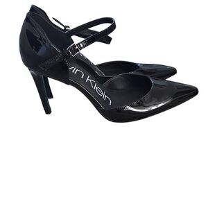 Calvin Klein Womens Size 7 Black Patent Leather Pointed Toe Ankle Strap Stiletto